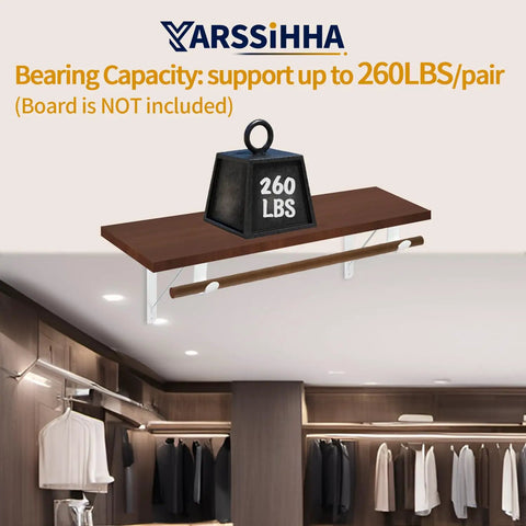 Heavy Duty Wall Mounted Closet Rod Brackets 2 Pack 12 By 10.4 Inch Steel Supports Takes The Load Like A Pro No Sweat Setup Works Like A Charm With Every Screw Included In Crisp White with 260 lbs weight capacity.