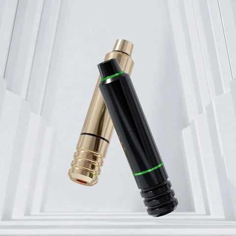 Pro All In One Tattoo Kit With Pen Style Tattoo Machine And Power Supply, close-up of gold and black pen-style machines