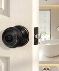 Oil Rubbed Bronze Interior Door Knob Privacy Set For Bedroom And Bathroom Doors, No Key Privacy Lock on open white door