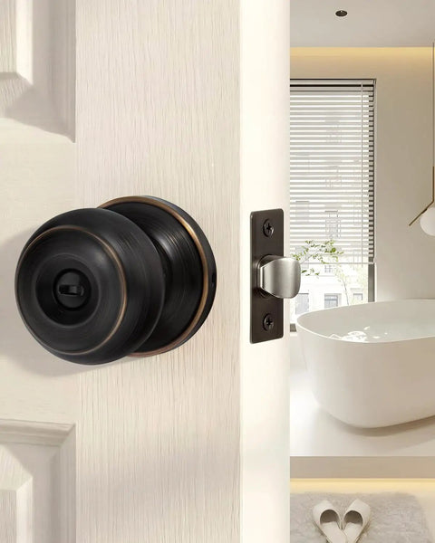 Oil Rubbed Bronze Interior Door Knob Privacy Set For Bedroom And Bathroom Doors, No Key Privacy Lock on open white door