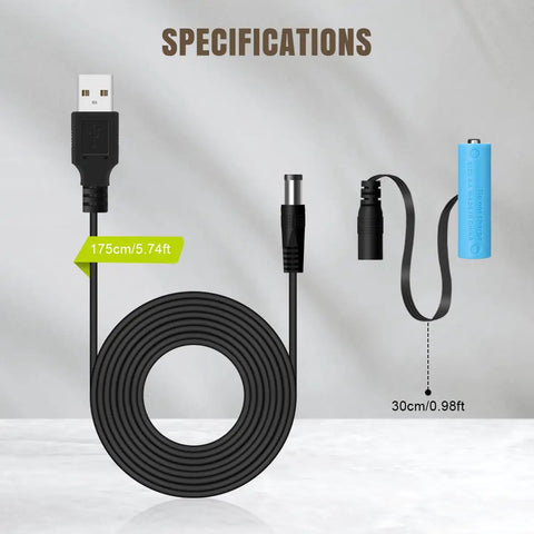 AA Battery Replacement Power Supply Cable for Continuous 24 Hour Use, Premium Copper Wire Build, shown with specifications.