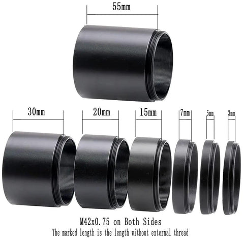 DSLR Macro And Astro Photography Extension Tube Kit T2 7 Piece Gear Set with spacers 3-55mm, M42x0.75 threads both ends