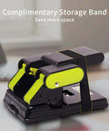 2 Hole Paper Punch With Adjustable 70Mm Or 80Mm Spacing And 6Mm Hole, lime and black design with storage band on a desk