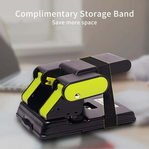 2 Hole Paper Punch With Adjustable 70Mm Or 80Mm Spacing And 6Mm Hole, lime and black design with storage band on a desk