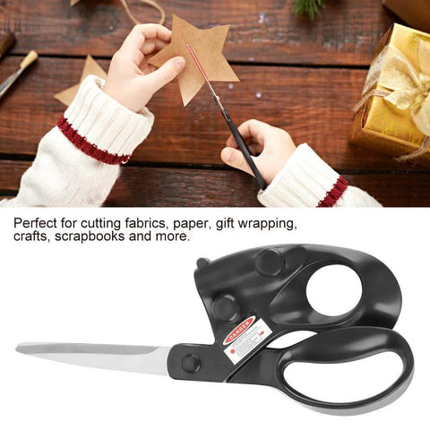 Laser-guided sewing scissors with ergonomic black handles and stainless steel blades for fabric, paper, gift wrapping.