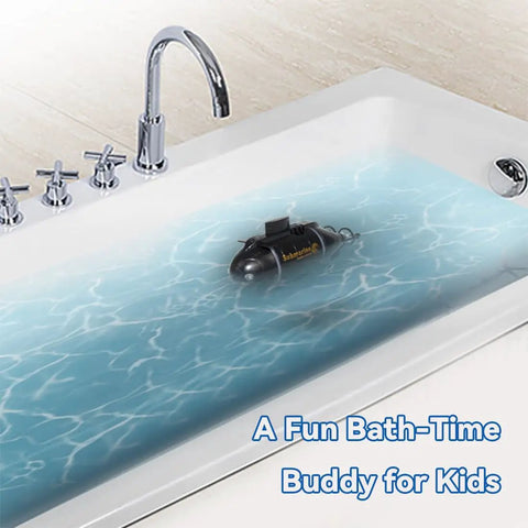 Six Channel Waterproof RC Submarine For Pools And Lakes Mini Remote Control Boat floating in a bathtub