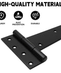 Four Piece 16 Inch Heavy Duty T Hinges Rust Resistant Wrought Iron Shed Barn Gate Door Hardware close-up of black hinge.