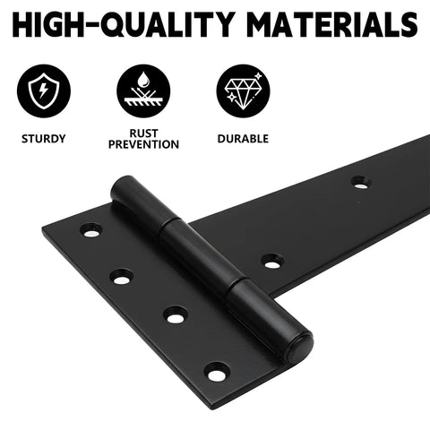 Four Piece 16 Inch Heavy Duty T Hinges Rust Resistant Wrought Iron Shed Barn Gate Door Hardware close-up of black hinge.