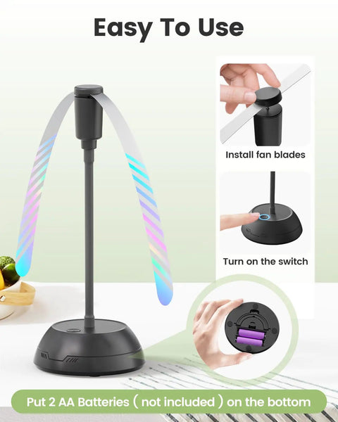 Four Pack Table Fans With Flexible Gooseneck And Soft Blades, AA Battery Powered Portable Silent Fans For BBQs Picnics Parties And Patio, image showing installation steps and battery compartment.