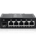 Front view of Industrial 6 Port Unmanaged Gigabit Ethernet Switch with Five 10/100/1000BASE-T Ports and One 1000BASE-X SFP Slot