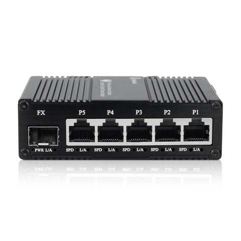 Front view of Industrial 6 Port Unmanaged Gigabit Ethernet Switch with Five 10/100/1000BASE-T Ports and One 1000BASE-X SFP Slot