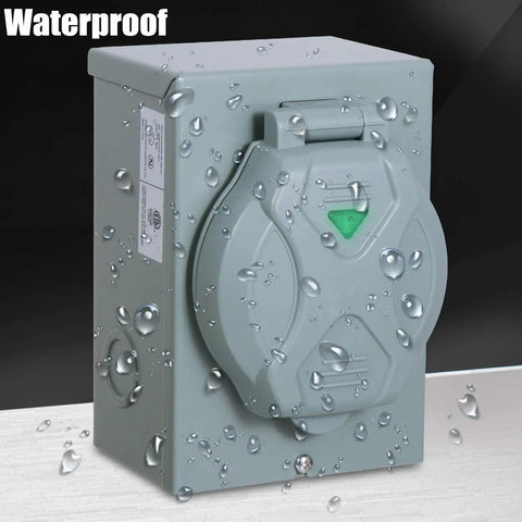 30 Amp Generator Power Inlet Box NEMA L5-30P For Outdoor Receptacle Weatherproof With Indicator Light ETL Listed Up To 3750W Running Watts At 125 Volt, showing water resistance.