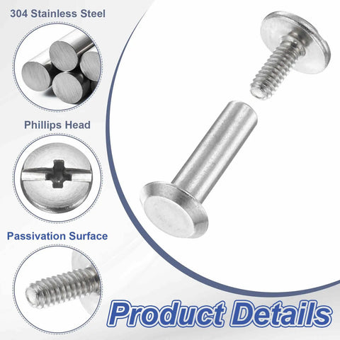 Kickass M3x4mm Chicago Screws 30 Piece Set Rust Resistant Stainless Steel Binding Post Rivets showing silver Phillips head screws.