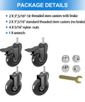 Package includes Three Inch Swivel Stem Caster Wheels Set Of Four With Two Brakes And Two Without Brakes, nuts, and wrench.