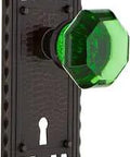 Craftsman Plate With Keyhole And Waldorf Emerald Lead Crystal Door Knob, Privacy 2 3/4 Inch Backset, Timeless Bronze Finish