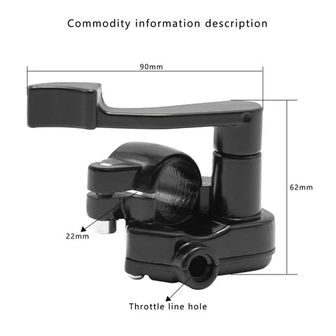 Close-up of seven eighths inch thumb throttle cable clamp for 22mm handlebar showing dimensions and throttle line hole.