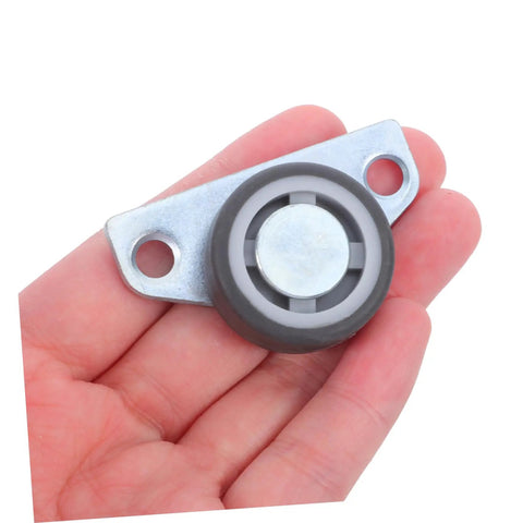 Set Of Four Adjustable Door Wheel Rollers For Sliding Closet Barn Doors With Heavy Duty Silent Pulleys on a hand showing close-up detail.