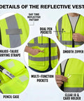 Details of Hella High Visibility Safety Vest Featuring Fully Customizable Team Logos And Heavy Duty Reflective Strips with pockets and straps.