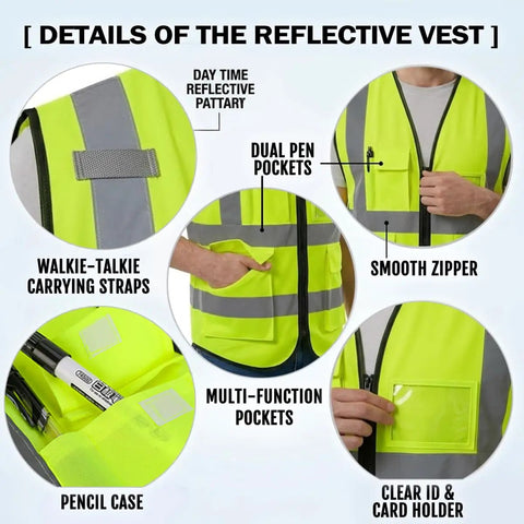 Details of Hella High Visibility Safety Vest Featuring Fully Customizable Team Logos And Heavy Duty Reflective Strips with pockets and straps.