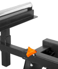 Close-up of Hella Solid Collapsible Miter Saw Stand roller and universal fit adjustment knob for easy framing jobs.