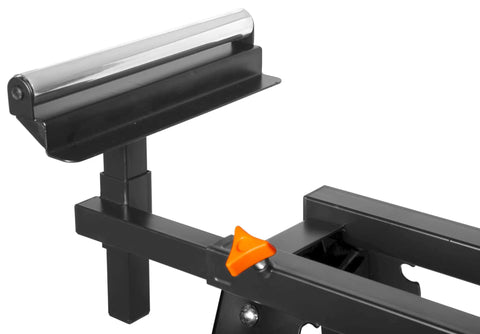 Close-up of Hella Solid Collapsible Miter Saw Stand roller and universal fit adjustment knob for easy framing jobs.