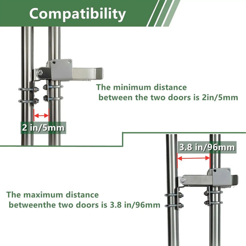 Double Gate Latch For Chain Link Fence 1 3 Eighth Inch Gate Frames, Strong Arm Design, adjustable distance 2 to 3.8 inches