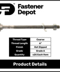5/8-11 Carriage Bolt Kit For Outdoors, 8 Inch Long, 6 Inch Thread, Hot Dipped Galvanized Exterior Grade A307, with nut and washer