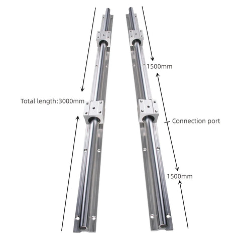 Four 1500mm SBR20 Linear Rails Kit With Eight SBR20UU Blocks For CNC Machines And 3D Printers Built Tough With Fully Supported Ball Bearing Guide Rails Includes Dowels And Hardware displayed.