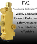 Tough And Slick Universal Brass Brake Proportioning Valve Disc Front Drum Rear For GM Ford Chevy Street Rods Muscle Cars Plus Classic Truck Rides Dual Reservoir Master Cylinder PV2 Model 1353, brass valve close-up.