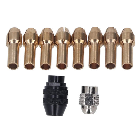 Heavy Duty Keyless Drill Chuck Collet Set Fits 1/32 To 1/8 Inch With Premium Brass Adapters and Stainless Nuts for tiny bits.