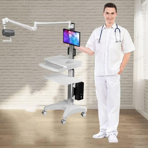 Legit Hella Adjustable Rolling Computer Cart, 15 To 32 Inches Tall, mobile workstation displayed by a person with monitor and keyboard tray.