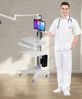 Built Different Adjustable Height Rolling Medical Cart Rolls Smooth As Butter With Ergonomic Lift Tray Fits Fifteen To Thirty Two Inch Monitor Pull Out Keyboard Platform For Busy Nurse Shifts with nurse and monitor.