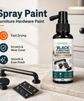 Cabinet Hardware Spray Paint, Quick-Dry Refinish for Knobs & Hinges in a spray bottle with black knobs and hinges.