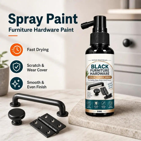 Cabinet Hardware Spray Paint, Quick-Dry Refinish for Knobs & Hinges in a spray bottle with black knobs and hinges.