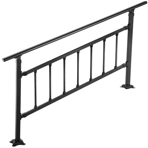 Rock Solid Wrought Iron Outdoor Stair Railing With Adjustable Frame For Zero To Five Steps SLEEK matte black railing with multiple bars.