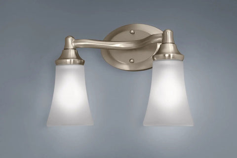 Eva 2-Light Dual-Mount Chrome Vanity Fixture With Frosted Glass For Bath Up Or Down Mount, slick finish, 100W max, wall-mounted.