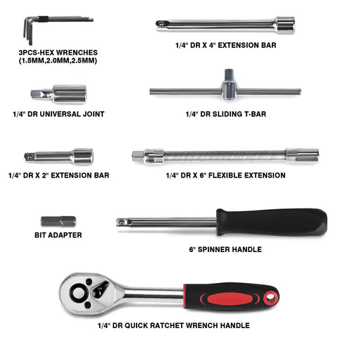 46 Piece Socket Ratchet Wrench Set One Quarter Inch Drive With Metric Sockets And Screwdriver Bit Set Extension Bar