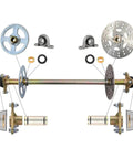 Rear Axle Shaft Assembly Kit 740mm 29 1/8in with 4.10-6 tire, 6 inch rim, inner tube, brake assembly, chain, sprocket, steering knuckle kit.