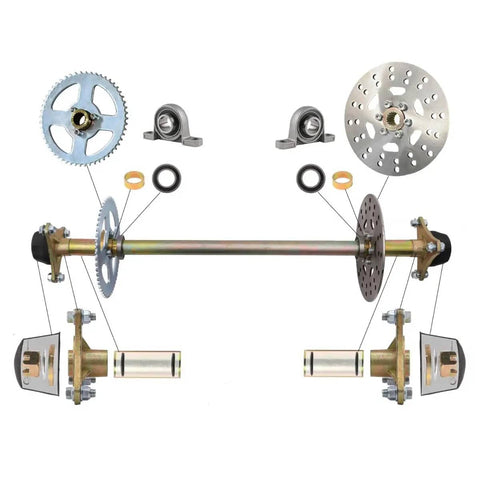 Rear Axle Shaft Assembly Kit 740mm 29 1/8in with 4.10-6 tire, 6 inch rim, inner tube, brake assembly, chain, sprocket, steering knuckle kit.