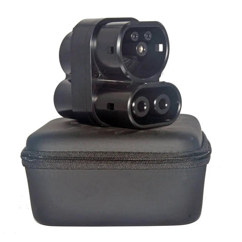 Heavy Duty Ccs1 To Ccs2 Fast Charge Adapter on a black case, compact design for Type One to Type Two EV converters.