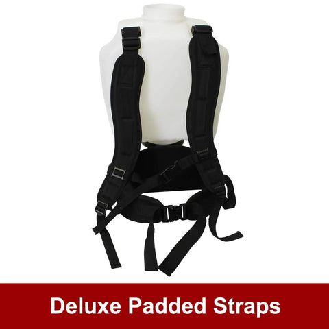 Deluxe padded straps of Made In The USA 4 Gallon Tree And Turf Pro Commercial Backpack Sprayer with Translucent White Tank.