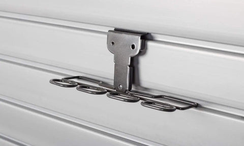 Small Tool Rack for Garage Slatwall Panels in Dark Gray Steel holds four small tools, installed on 3-inch on center slatwall panel.