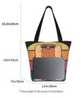 Front view of Large Capacity Lightweight Tote Bag for Women with colorful design, dimensions labeled, showing spacious interior.