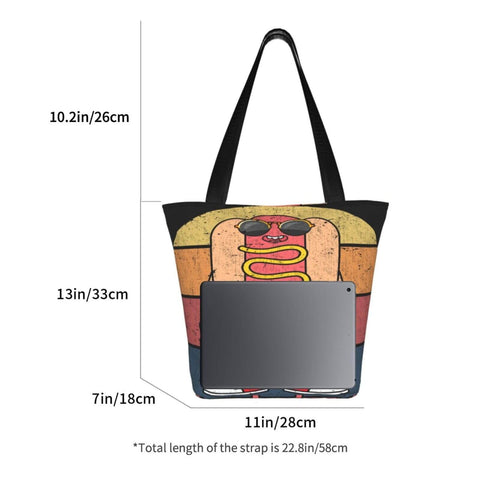 Front view of Large Capacity Lightweight Tote Bag for Women with colorful design, dimensions labeled, showing spacious interior.