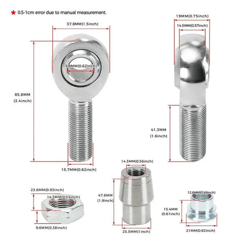 Four Piece Five Eighths Inch Eighteen Thread Heim Joint Rod End Kit With Spacers showing chrome rod ends and spacer dimensions.
