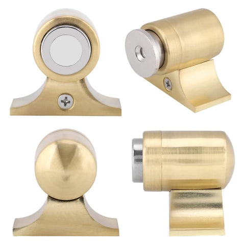 Cabinet Door Suction Magnetic Door Catch Heavy Duty No Fuss Industrial Spring Base For Home Doors Ground Wall Installation Zinc Alloy Stopper Brass Color front and side views