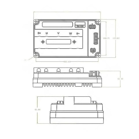 EM100 controller for QS120 Mid Drive Motor 2000W Belt Conversion Kit, technical diagram with dimensions and connectors.
