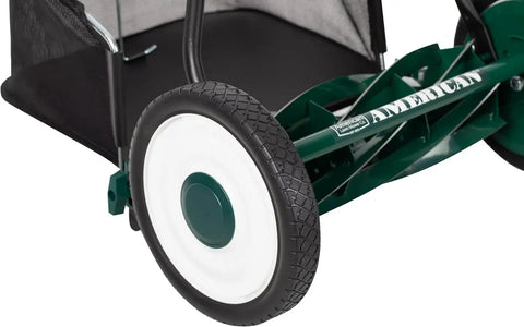 16 Inch 7 Blade Reel Lawn Mower With Grass Catcher For Bermuda Zoysia And Tiff Short Grass Types Eco Friendly Push Mower For Precise Neat Yard Care And Clean Cuts close-up wheel and grass catcher