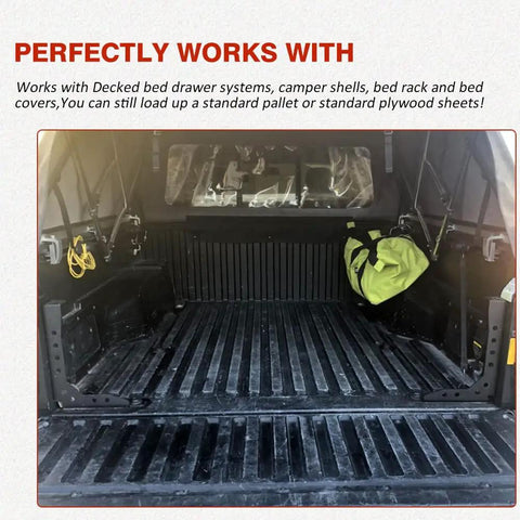 Badass Heavy Duty Tacoma Bed Channel Stiffener And Rear Support Bracket For 2005 To 2022 Toyota Pickup seen in truck bed with yellow bag.