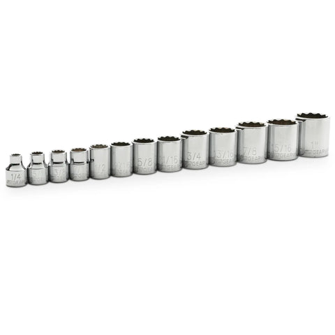 Three-Eighths Inch Drive 12 Point Standard Socket Set SAE 13 Piece With Off-Corner Loading Design Chamfered Opening Guides